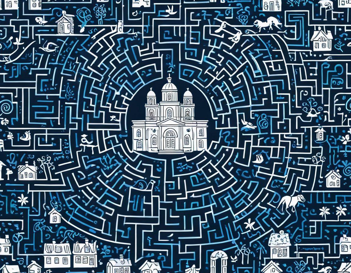 An intricate maze symbolizing the complexity of government assistance programs, with various pathways leading to icons representing different types of aid such as healthcare, housing, and education. The maze should be surrounded by friendly, diverse characters discussing and exploring the pathways. Bright colors should highlight the pathways while keeping the maze in a subtle, muted tone. Vector art. vibrant colors.