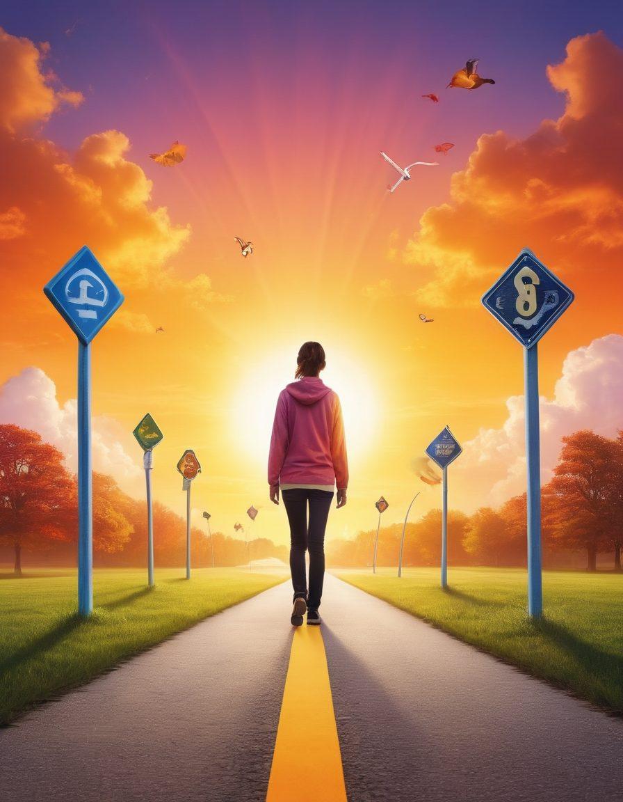 A vibrant illustration of a person standing at a crossroads, holding a glowing key symbolizing financial freedom, surrounded by various icons representing funds and support programs like piggy banks, dollar bills, and community symbols. The backdrop features an uplifting sunrise with a hopeful sky. Emphasize an atmosphere of possibility and opportunity. super-realistic. vibrant colors. white background.