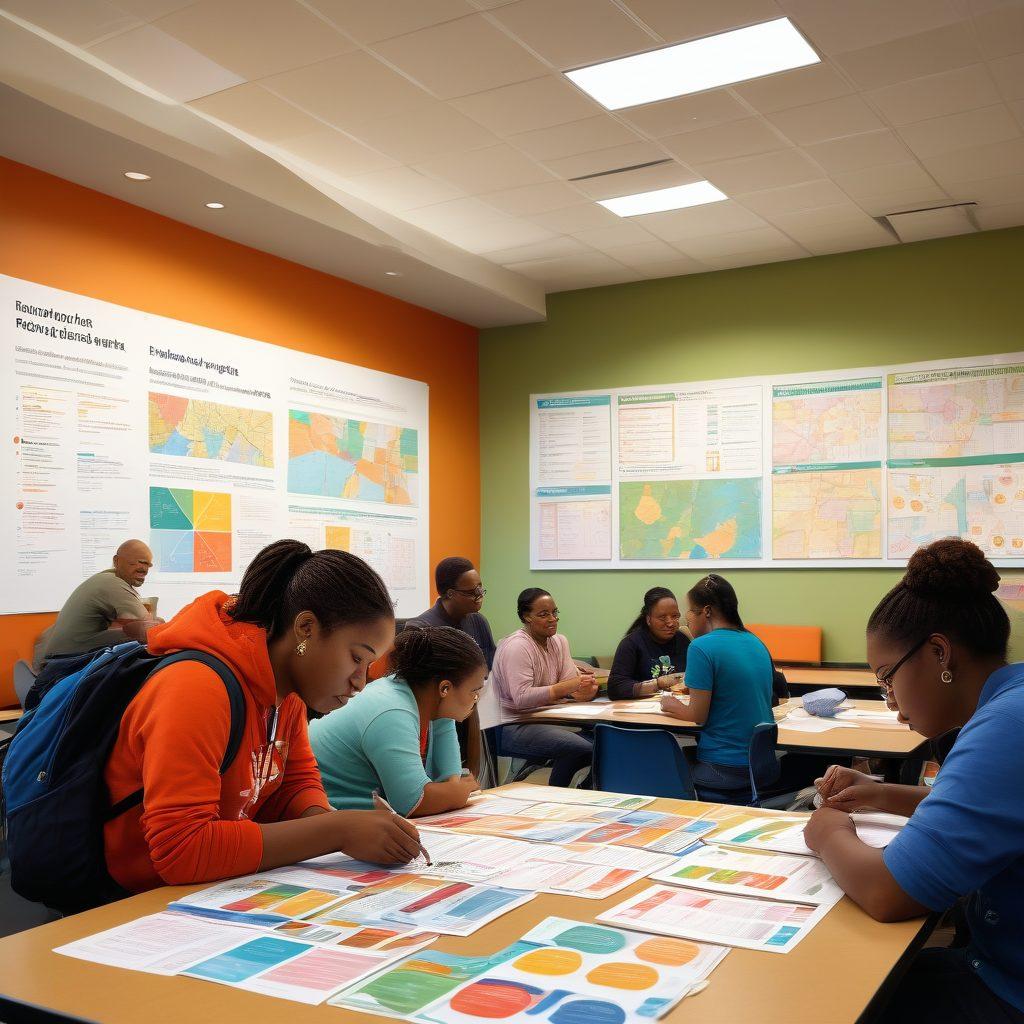 A thriving community center filled with diverse people engaging in discussions about financial aid, surrounded by visuals of cash assistance applications and resource brochures. In the background, a large wall map shows locations of various aid resources, while a digital screen displays statistics on economic support. Bright and inviting atmosphere with warm lighting to inspire hope and opportunity. vibrant colors. super-realistic.
